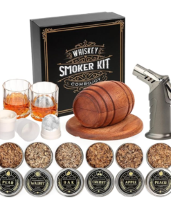 Whiskey Smoker Kit & Torch, 6 Wood Chips, 2 Glasses, 2 Ice Ball Molds (NO Butane)